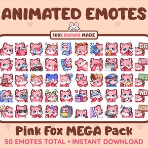 MÉGA pack de 50 émoticônes animées + statiques de renard rose pour Twitch, Discord, Kick, Stream/Téléchargement instantané