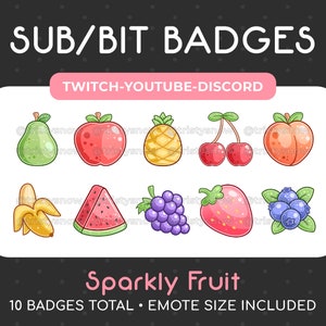10 Cute Sparkly Fruit Sub/Bit Badges/Emotes for Twitch, Youtube, Discord, Stream / Instant Download
