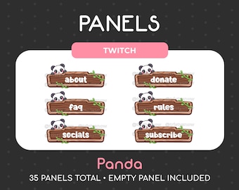 May include: A set of 35 Twitch panels featuring a cute panda design. The panels are wooden with green vines and have text such as "about", "donate", "faq", "rules", "socials", and "subscribe".