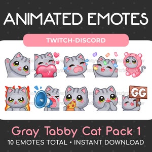 10 Animated + Static Cute Gray Tabby Cat Emotes (Pack 1) for Twitch, Youtube, Discord, Stream / Instant Download