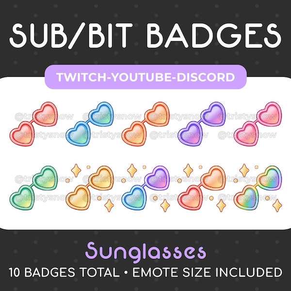 10 Cute Heart Shaped Sunglasses Sub/Bit Badges/Emotes for Twitch, Youtube, Discord, Stream / Instant Download