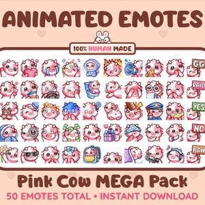 50 Animated + Static Cute Pink Cow Emotes MEGA Pack for Twitch, Discord, Kick, Stream / Instant Download