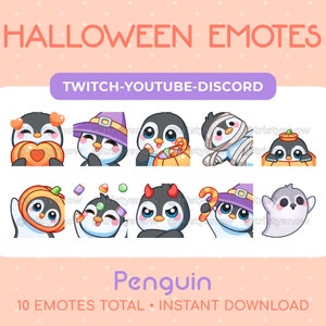 Può includere: Set di 10 emote di pinguino a tema Halloween per Twitch, YouTube e Discord. Le emote mostrano un pinguino vestito con vari costumi di Halloween, tra cui una strega, una mummia, un fantasma e un diavolo.