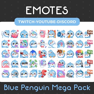 Megapack de 50 adorables emoticones de pingüino azul para Twitch, YouTube, Discord, streaming y descarga instantánea.