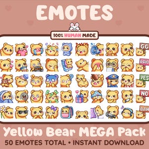 Paquete Mega de 50 emoticones de oso amarillo adorables para Twitch, Discord, YouTube, Tiktok, Kick, Stream / Descarga instantánea