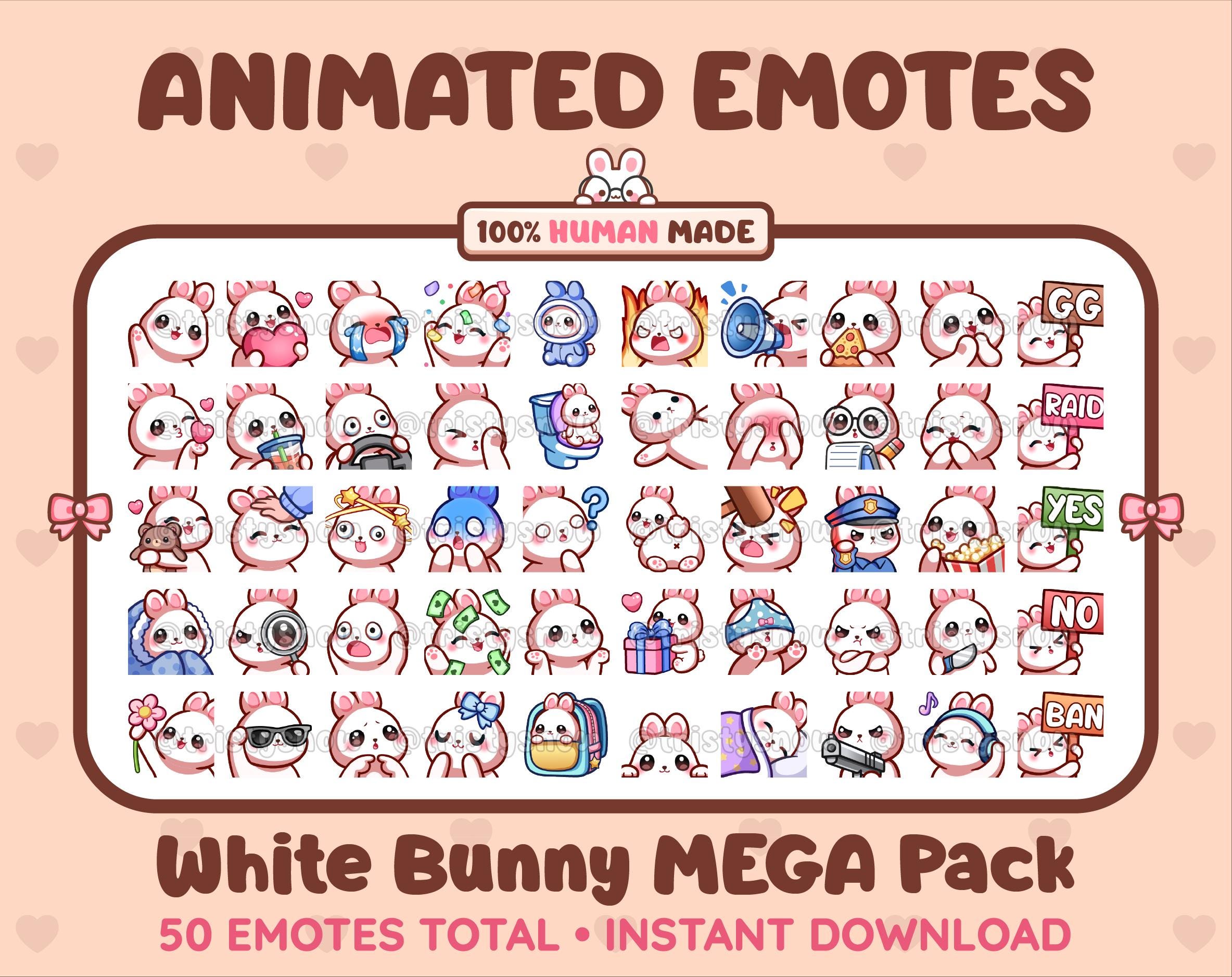 50 Animated + Static Cute White Bunny Emotes MEGA Pack for Twitch, Discord, Kick, Stream / Instant Download