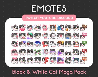 Megapack met 50 schattige zwart-witte kattenemotes voor Twitch, Youtube, Discord, Stream/Direct downloaden