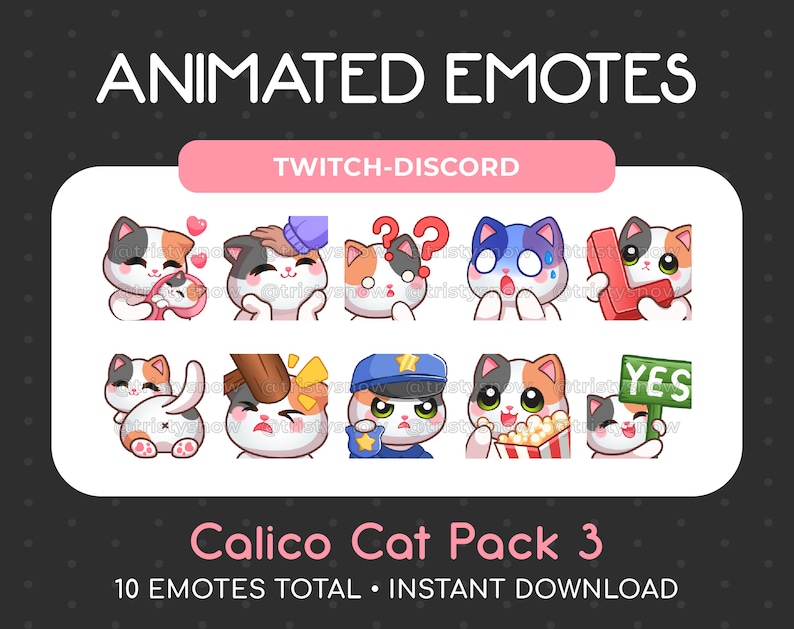 10 Animated + Static Cute Calico Cat Emotes (pack 3) for Twitch ...
