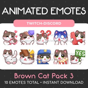 10 Animated + Static Cute Brown & White Cat Emotes (Pack 3) for Twitch, Youtube, Discord, Stream / Instant Download