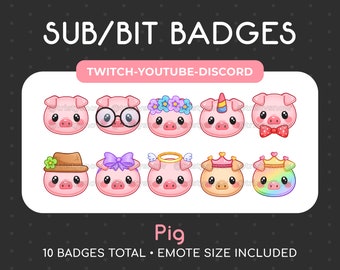 10 Cute Pig Sub/Bit Badges/Emotes for Twitch, Youtube, Discord, Stream / Instant Download