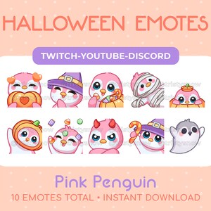 Può includere: Una collezione di dieci emote di Halloween con pinguini rosa. Ogni emote presenta un pinguino rosa vestito con vari costumi di Halloween, tra cui una strega e una mummia. Il testo include "Halloween Emotes", "Twitch-Youtube-Discord" e "Pink Penguin".