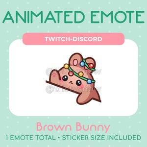 以下が含まれることがあります： Twitch または Discord 用のアニメーション絵文字で、緑と赤のクリスマスライトのガーランドをつけた茶色のウサギが描かれています。ウサギは左を見ていて、幸せそうな表情をしています。画像の下には「Brown Bunny」というテキストがあります。