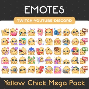 Megapack de 50 adorables emoticones de pollito amarillo para Twitch, YouTube, Discord, streaming y descarga instantánea.