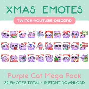 Megapack de 30 emoticones navideños de gato morado para Twitch, YouTube, Discord y transmisiones