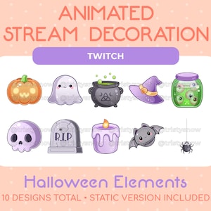 Könnte beinhalten: Animierte Halloween-Stream-Dekorationen für Twitch. Das Set enthält 10 Designs, darunter einen Kürbis, ein Gespenst, einen Kessel, einen Hexenhut, ein Glas mit Augäpfeln, einen Schädel, einen Grabstein, eine Kerze, eine Fledermaus und eine Spinne. Statische Versionen sind ebenfalls enthalten.