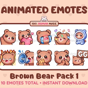 Puede incluir: Un conjunto de 10 emoticonos animados que presentan un oso marrón en varias poses y expresiones. Los emoticonos están diseñados para su uso en Twitch, Discord y otras plataformas en línea. Los emoticonos incluyen un oso saludando, un oso sosteniendo un corazón, un oso llorando, un oso celebrando, un oso con un mono azul, un oso con fuego en la cabeza, un oso sosteniendo un megáfono, un oso comiendo pizza, un oso aplaudiendo y un oso sosteniendo un cartel que dice "GG".