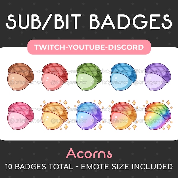 10 Cute Acorn Sub/Bit Badges/Emotes for Twitch, Youtube, Discord, Stream / Instant Download