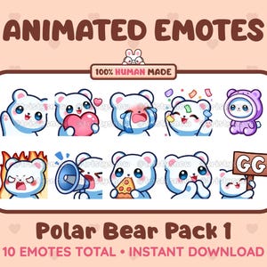 10 animowanych + statycznych, uroczych emotikonów niedźwiedzia polarnego (pakiet 1) do serwisów Twitch, Discord, Kick, Stream / do natychmiastowego pobrania