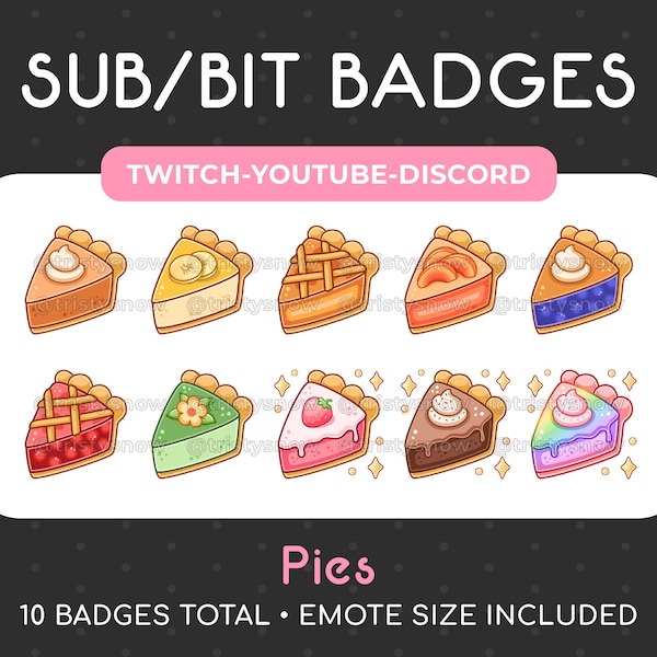 10 Cute Pie Sub/Bit Badges/Emotes for Twitch, Youtube, Discord, Stream / Instant Download