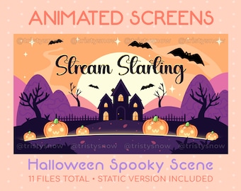 May include: A digital illustration for animated screens, featuring a Halloween theme. The scene includes a haunted house, pumpkins, bats, and the text "Stream Starling" and "Halloween Spooky Scene". The background is a gradient of orange and purple.