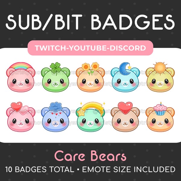 10 Cute Care Bear Sub/Bit Badges/Emotes for Twitch, Youtube, Discord, Stream / Instant Download