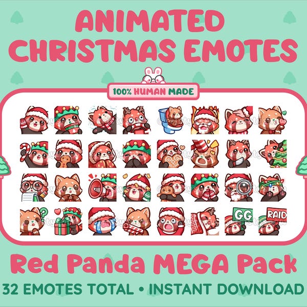 32 Christmas Animated + Static Cute Red Panda Emotes MEGA Pack for Twitch, Discord, Kick, Stream / Instant Download