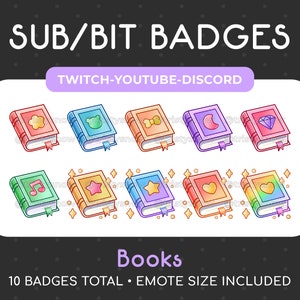 10 Cute Book Sub/Bit Badges/Emotes for Twitch, Youtube, Discord, Stream / Instant Download
