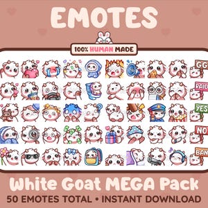 MÉGA pack de 50 émoticônes mignonnes de chèvre blanche pour Twitch, Discord, Youtube, Tiktok, Kick, Stream/téléchargement instantané
