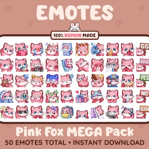 MEGA pack de 50 émoticônes renard rose mignon pour Twitch, Discord, Youtube, Tiktok, Kick, Stream/téléchargement instantané
