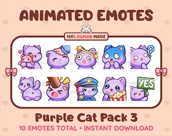10 Animated + Static Cute Purple Cat Emotes (Pack 3) for Twitch, Discord, Kick, Stream / Instant Download
