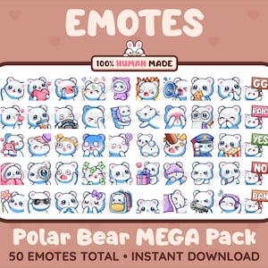 50 Cute Polar Bear Emotes MEGA Pack for Twitch, Discord, Youtube, Tiktok, Kick, Stream / Instant Download