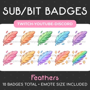 10 Cute Feather Sub/Bit Badges/Emotes for Twitch, Youtube, Discord, Stream / Instant Download