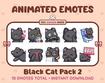 10 Animated + Static Cute Black Cat Emotes (Pack 2) for Twitch, Discord, Kick, Stream / Instant Download