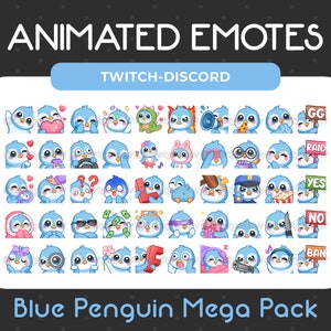 50 Animated + Static Cute Blue Penguin Emotes Mega Pack for Twitch, Youtube, Discord, Stream / Instant Download