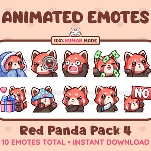10 emoticones de panda rojo animados y estáticos (paquete de 4) para Twitch, Discord, Kick, Stream y descarga instantánea