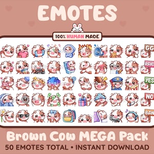 MÉGA pack de 50 émoticônes mignonnes de vache brune pour Twitch, Discord, Youtube, Tiktok, Kick, Stream/téléchargement instantané