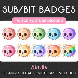 10 Cute Skull Sub/Bit Badges/Emotes for Twitch, Youtube, Discord, Stream / Instant Download