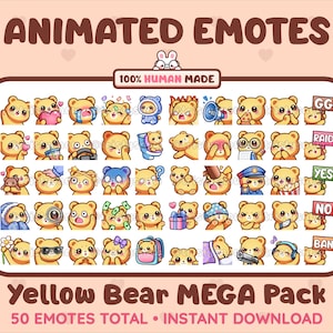 MÉGA pack de 50 émoticônes animées + statiques ours jaune mignon pour Twitch, Discord, Kick, Stream/téléchargement instantané