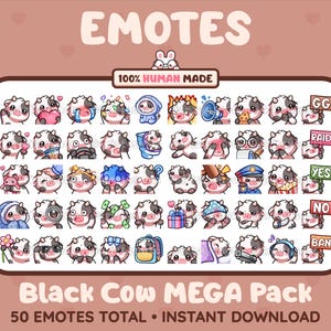 MEGA pack de 50 émoticônes mignonnes de vache noire pour Twitch, Discord, Youtube, Tiktok, Kick, Stream/téléchargement instantané