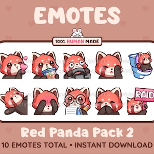 10 adorables gestos de panda rojo (paquete de 2) para Twitch, Discord, YouTube, TikTok, Kick, Stream / Descarga instantánea
