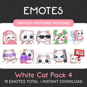 10 Cute White Cat Emotes (Pack 4) for Twitch, Youtube, Discord, Stream / Instant Download