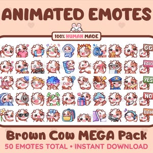 50 Animated + Static Cute Brown Cow Emotes MEGA Pack for Twitch, Discord, Kick, Stream / Instant Download