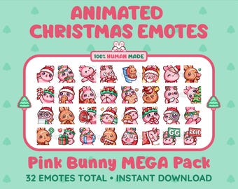 32 Christmas Animated + Static Cute Pink Bunny Emotes MEGA Pack for Twitch, Discord, Kick, Stream / Instant Download