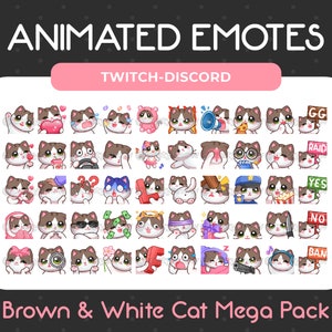 50 Animated + Static Cute Brown & White Cat Emotes Mega Pack for Twitch, Youtube, Discord, Stream / Instant Download