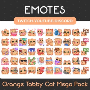 Megapack de 50 adorables emoticones de gato atigrado naranja para Twitch, YouTube, Discord, streaming y descarga instantánea.