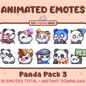 10 emoticones de panda animados y estáticos (paquete de 3) para Twitch, Discord, Kick, Stream y descarga instantánea