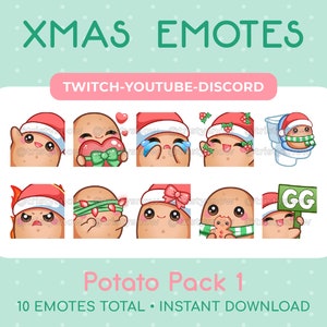 May include: A set of 10 Christmas-themed Twitch, YouTube, and Discord emotes featuring a cartoon potato wearing a Santa hat and various expressions. The text "XMAS EMOTES" and "Potato Pack 1" are displayed on the image.