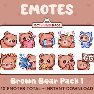 10 Cute Brown Bear Emotes (Pack 1) for Twitch, Discord, Youtube, Tiktok, Kick, Stream / Instant Download