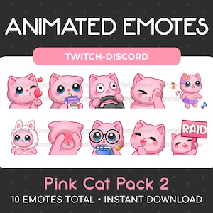 10 Animated + Static Cute Pink Cat Emotes (Pack 2) for Twitch, Youtube, Discord, Stream / Instant Download
