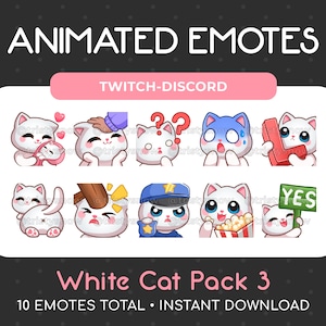 10 Animated + Static Cute White Cat Emotes (Pack 3) for Twitch, Youtube, Discord, Stream / Instant Download